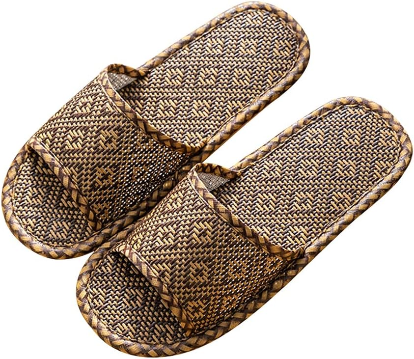 

Мужские домашние тапочки YXCKG с открытым носком, плоские льняные тапочки для дома и улицы, плетеные сандалии на мягкой летней подошве, дышащие, прохладные, бесшумные тапочки для спальни (Цвет: D, Размер: EUR36-37), EUR36-37 E