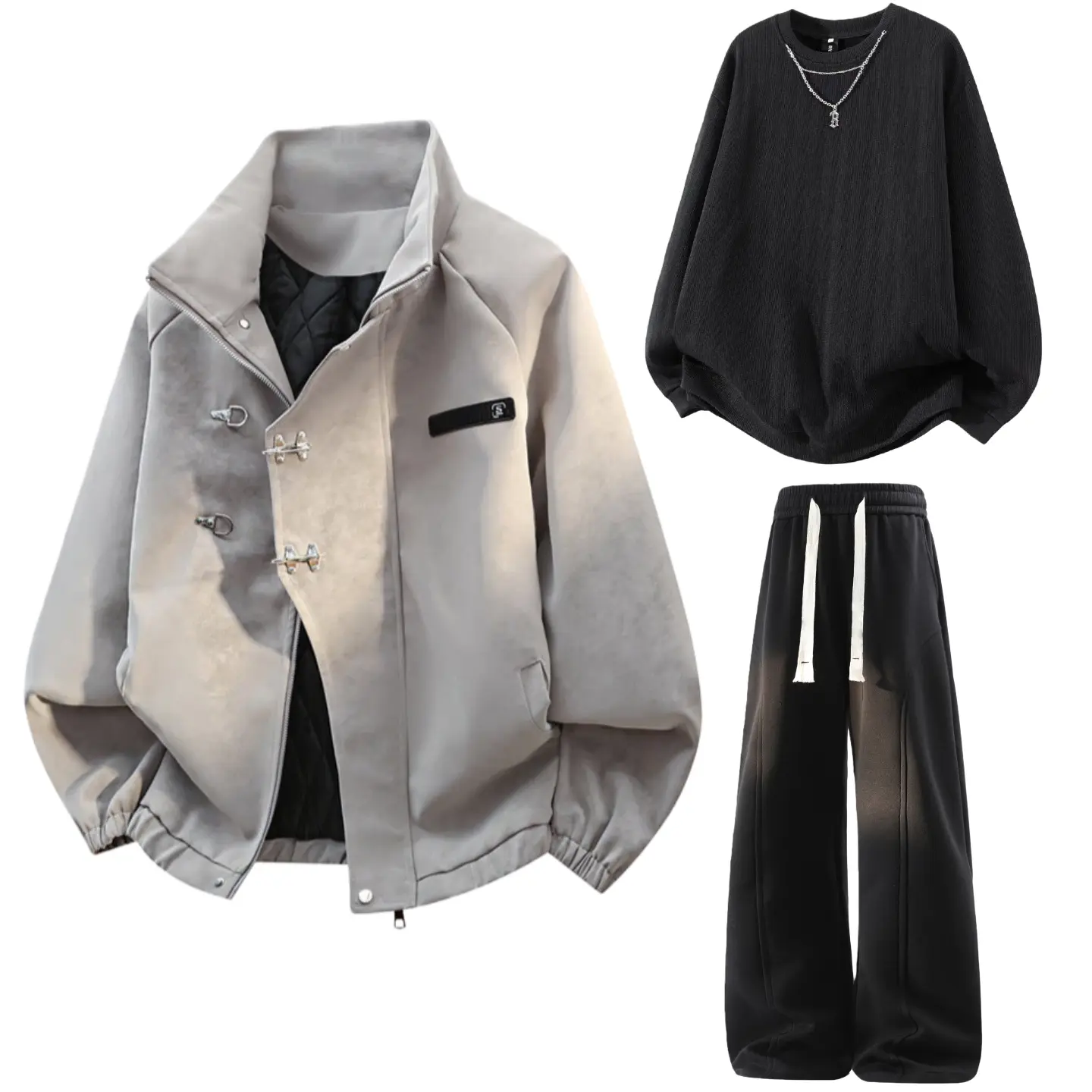 

Повседневная спортивная одежда унисекс с воротником стойкой, утепленная и с флисовой подкладкой X1617, top серый puffer jacket+черный sweatshirt+черный pants