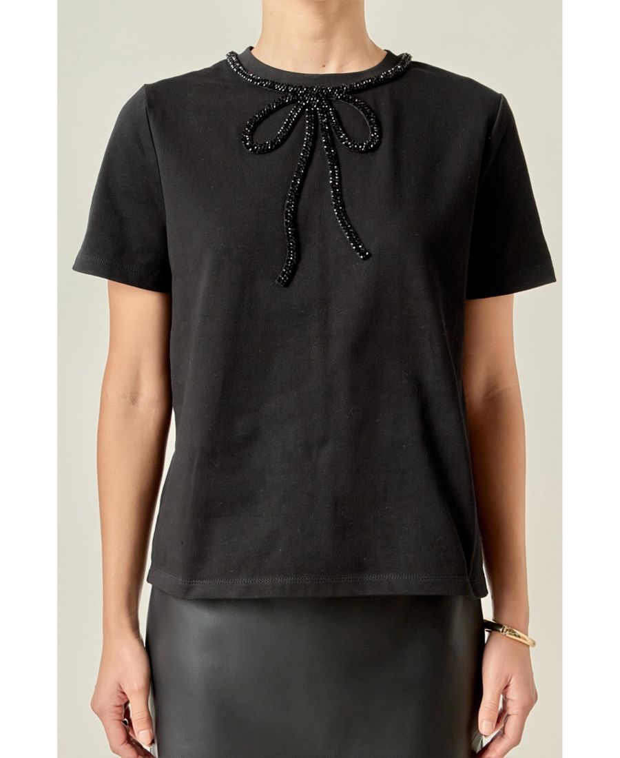 

Женская футболка с бантом из бисера English Factory, Black, Черный, Женская футболка с бантом из бисера English Factory, Black