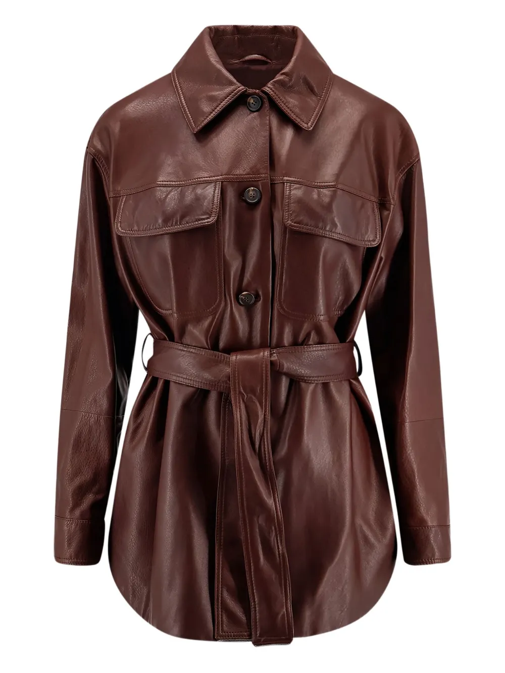 

Кожаное пальто с поясом Brunello Cucinelli, красный