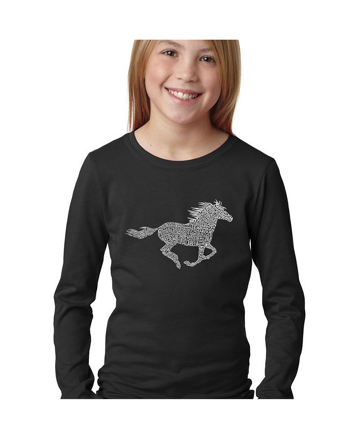 

Лонгслив с надписью Big Girl's Word Art — Horse Breeds LA Pop Art, черный