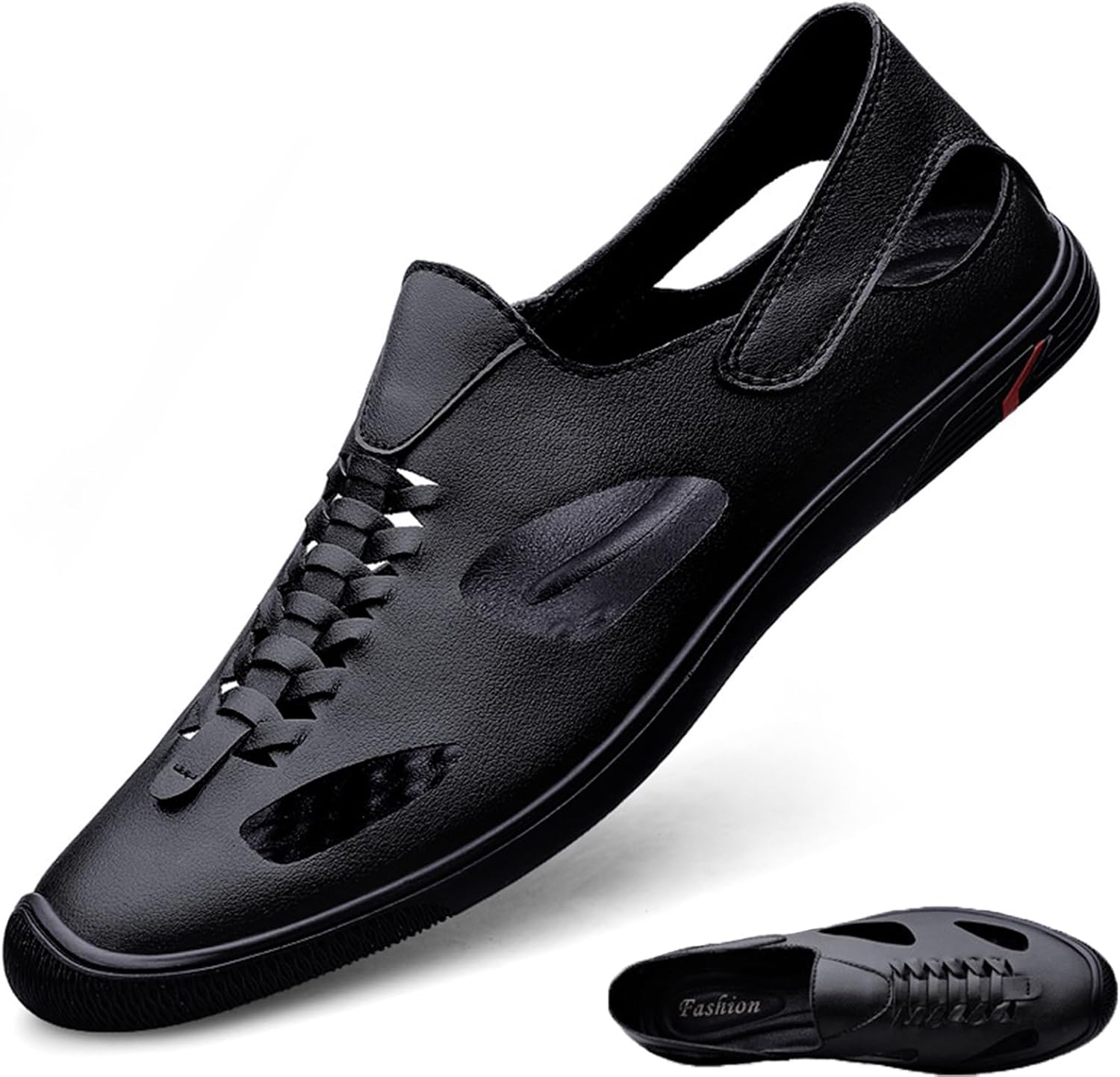 

Мужские сандалии-лодочки из натуральной кожи Hollow, плоские, рыбацкие, повседневные, летние, дышащие, с закрытым носком, с легким надеванием, для вождения, пляжа, прогулок и водного туризма Devileyeze, черный