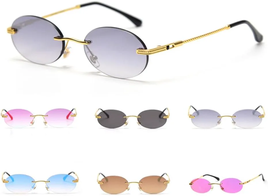 

Ретро овальные солнцезащитные очки без оправы для мужчин, синие зеркальные, золотистые металлические, мужские очки, круглые без оправы для женщин VFDHN, Gold Lens