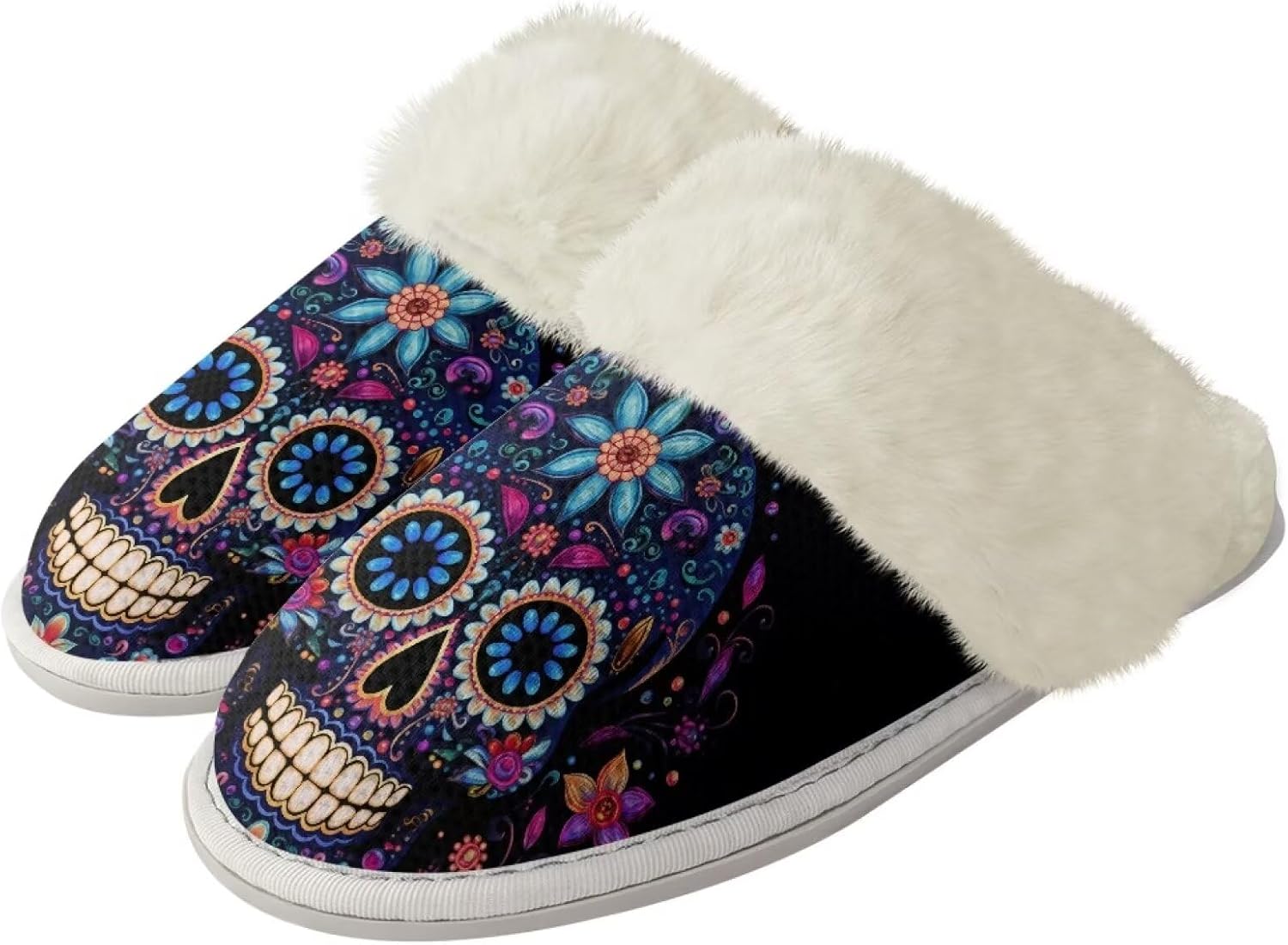 

Женские пушистые тапочки, мужские тапочки-слипоны для зимы, домашние туфли, удобные мягкие тапочки из махровой ткани, с нескользящей резиновой подошвой для ванной и дома Watdotory, Skull Flowers
