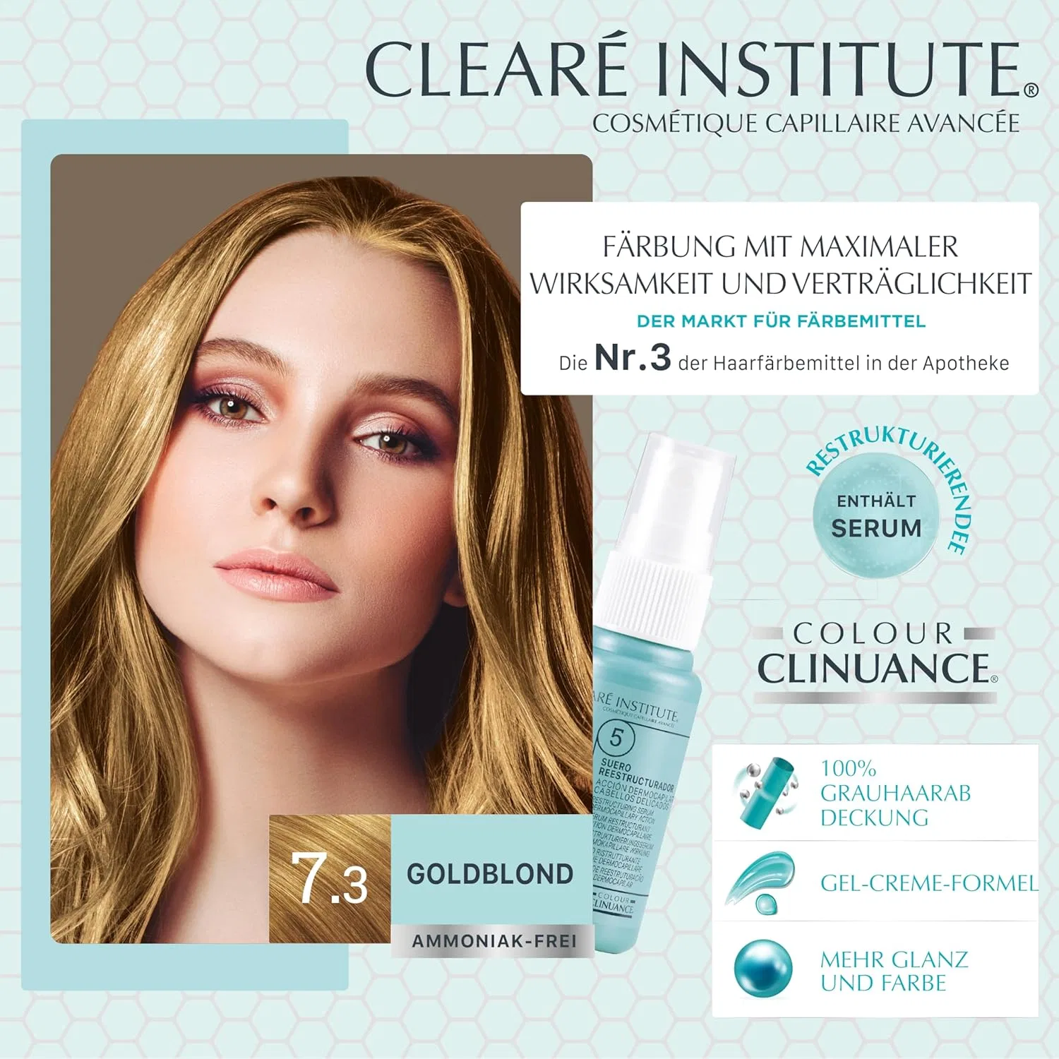 Стойкая краска для волос Clinuance без аммиака, 7.3 золотистый блонд, 170 мл Clearé Institute, 7.3 Golden Blonde — фото 2