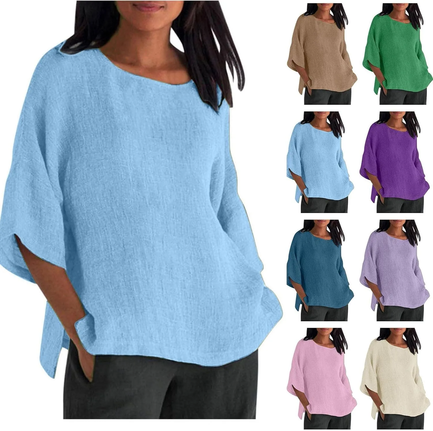 

Женская льняная блузка с коротким рукавом Casual Crewneck свободного кроя Plus Size HJYUZP