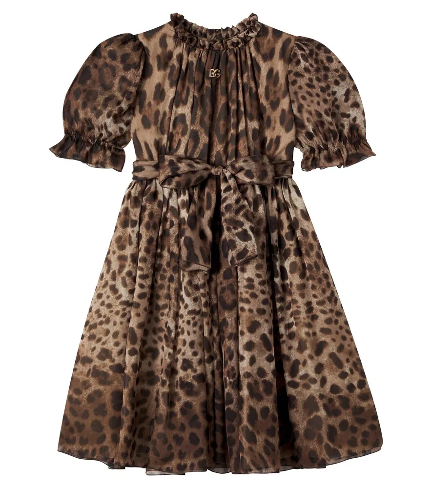 Шелковое шифоновое платье с леопардовым принтом Dolce&Gabbana Kids, коричневый