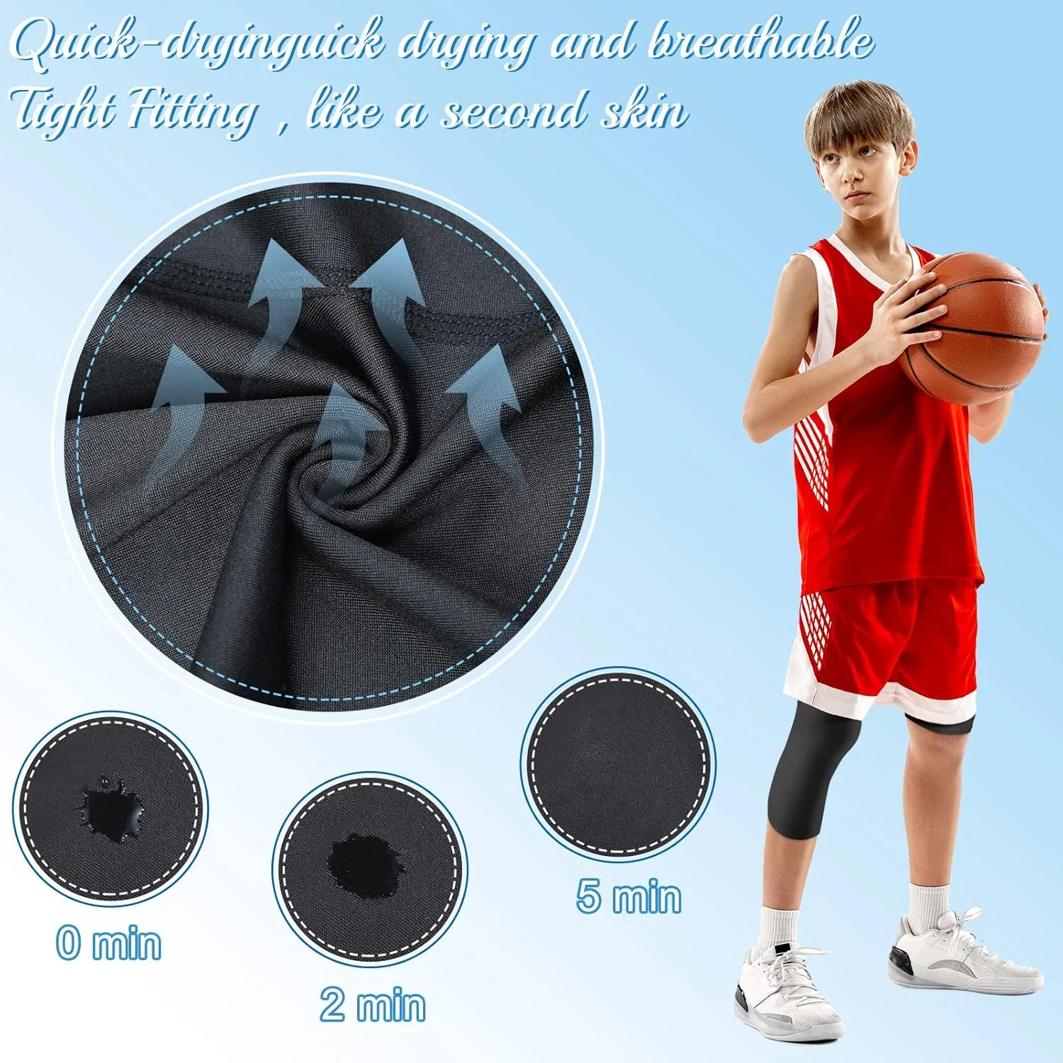 Hercicy 2 Packs Boys' Youth 3/4 One Leg Compression Tights Basketball Leg Sleeve Leggings Pants Athletic Base Layer, Black+White( Left Short) — фото 3