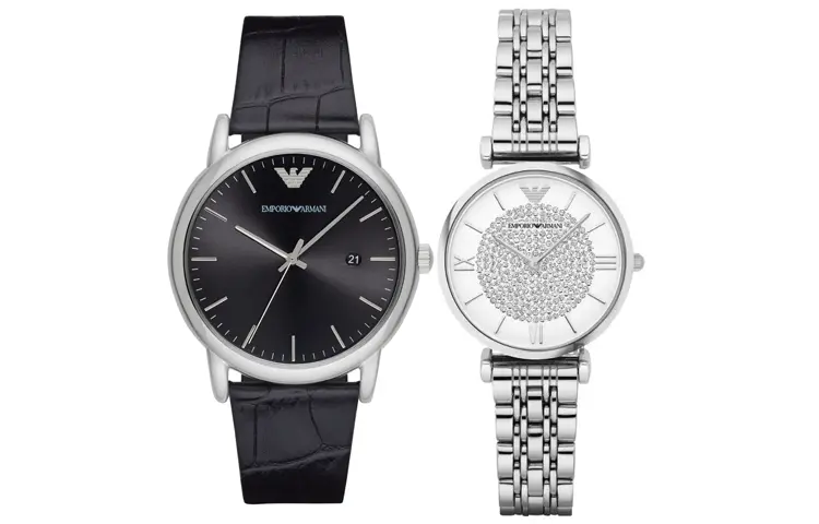

EMPORIO ARMANI Часы Three Hand Date Black Leather Watch, Black Dial+Silver Dial (Matching Pairs)