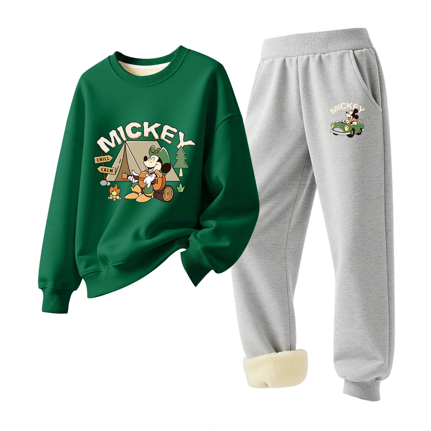 Детский спортивный костюм с круглым вырезом Disney, [Thickened Lamb's Wool]Wild Adventure Vintage Green+Windproof K Gray