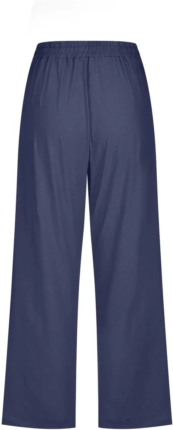 Женские хлопково-льняные брюки-капри с широкими штанинами, завязками, свободного кроя, в стиле бохо, элегантные, повседневные, пляжная одежда для женщин с карманами Generic, темно-синий — фото 3