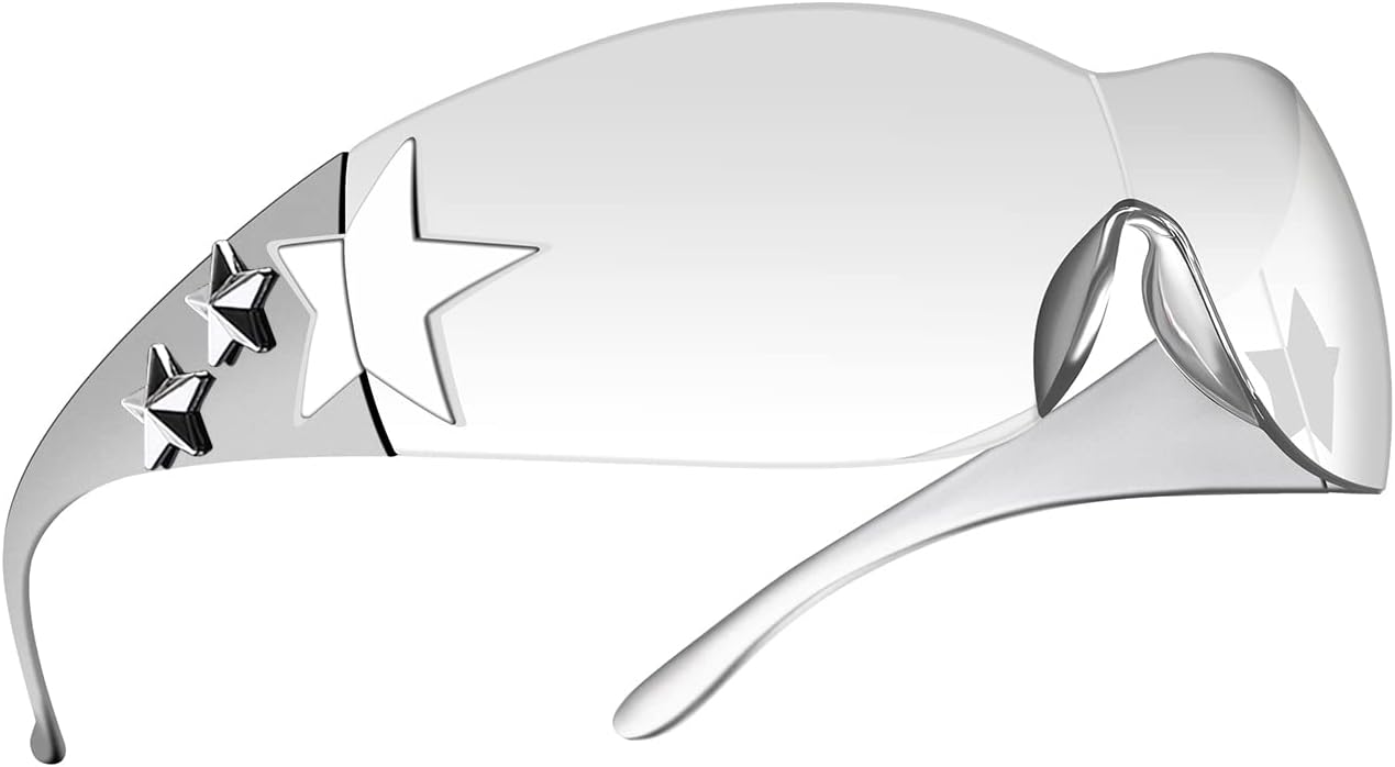 

Солнцезащитные очки BOTEN Star Y2K для женщин, безободковые солнцезащитные очки-щитки в стиле Y2K, модные очки в стиле 2000-х, стильные очки Y2K, Silver Clear Sunglasses