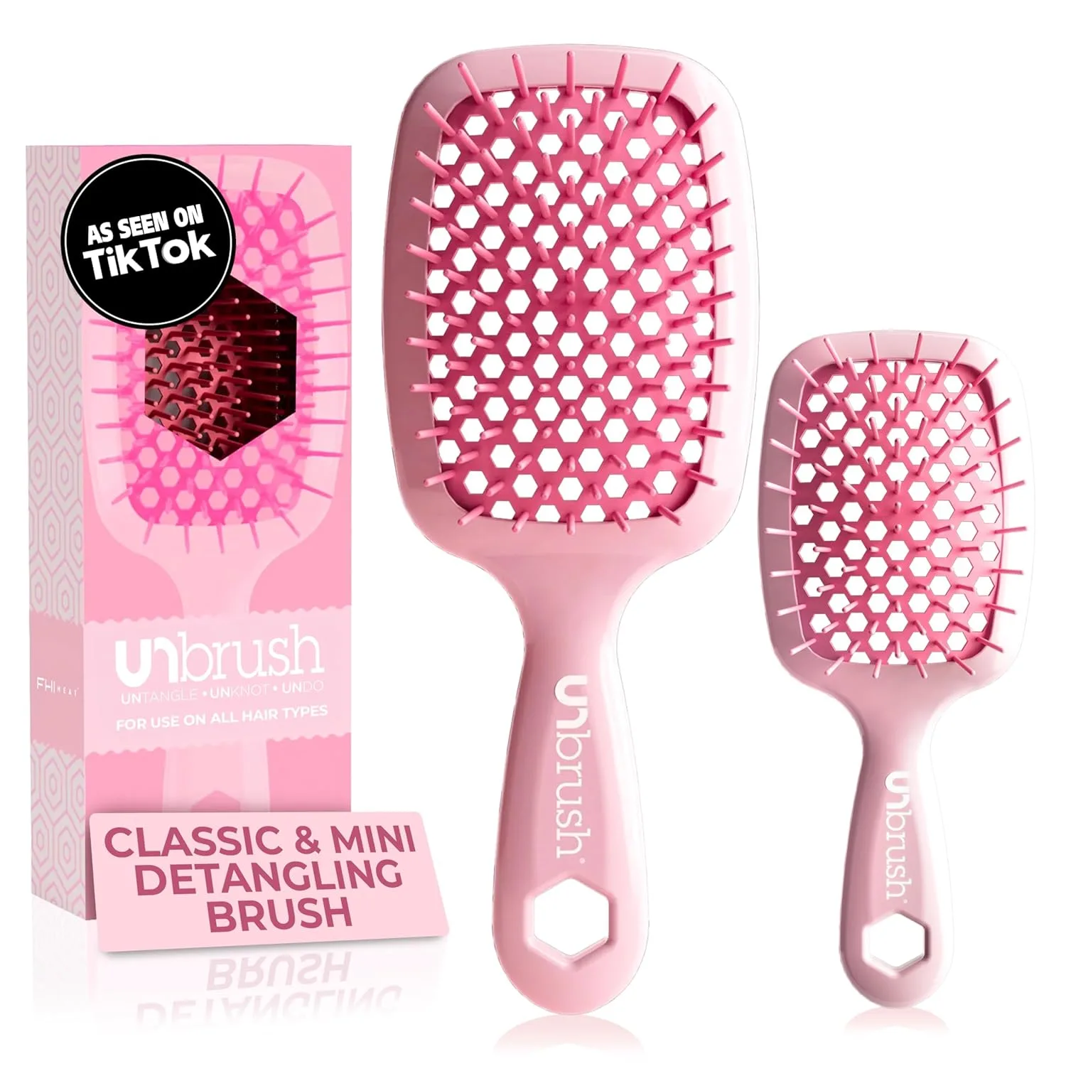FHI Heat UNbrush Detangling Brush Combo Pack - оригинальная и мини UNbrush для всех типов влажных и сухих волос - DuoFlex антистатическая щетка, вентилируемая расческа для безболезненной укладки, Peony Light Pink