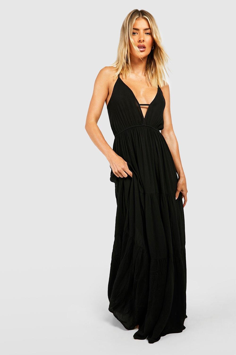 

Пляжное платье макси с глубоким вырезом и складками boohoo, черный