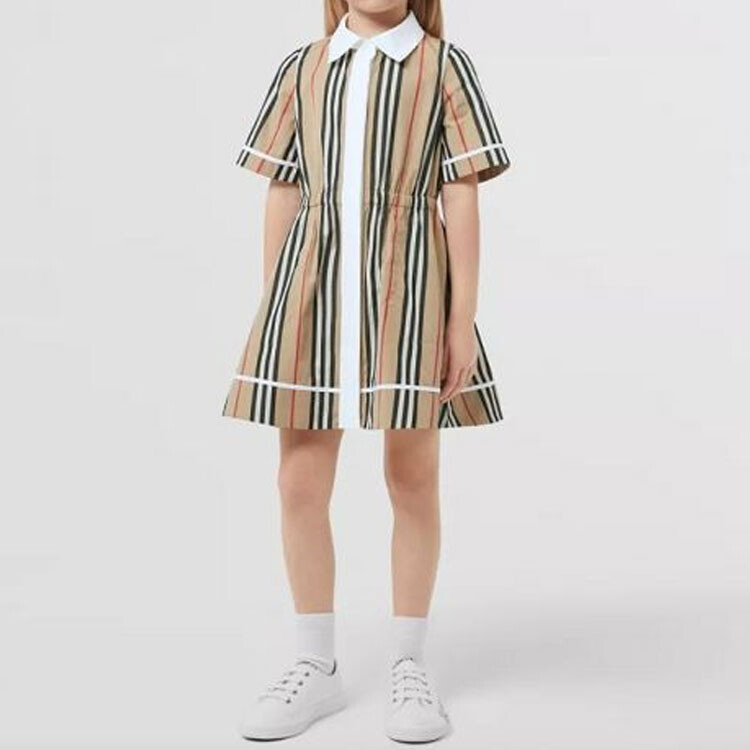 Burberry Kids Платье-рубашка в полоску с логотипом, цвет Khaki — фото 3