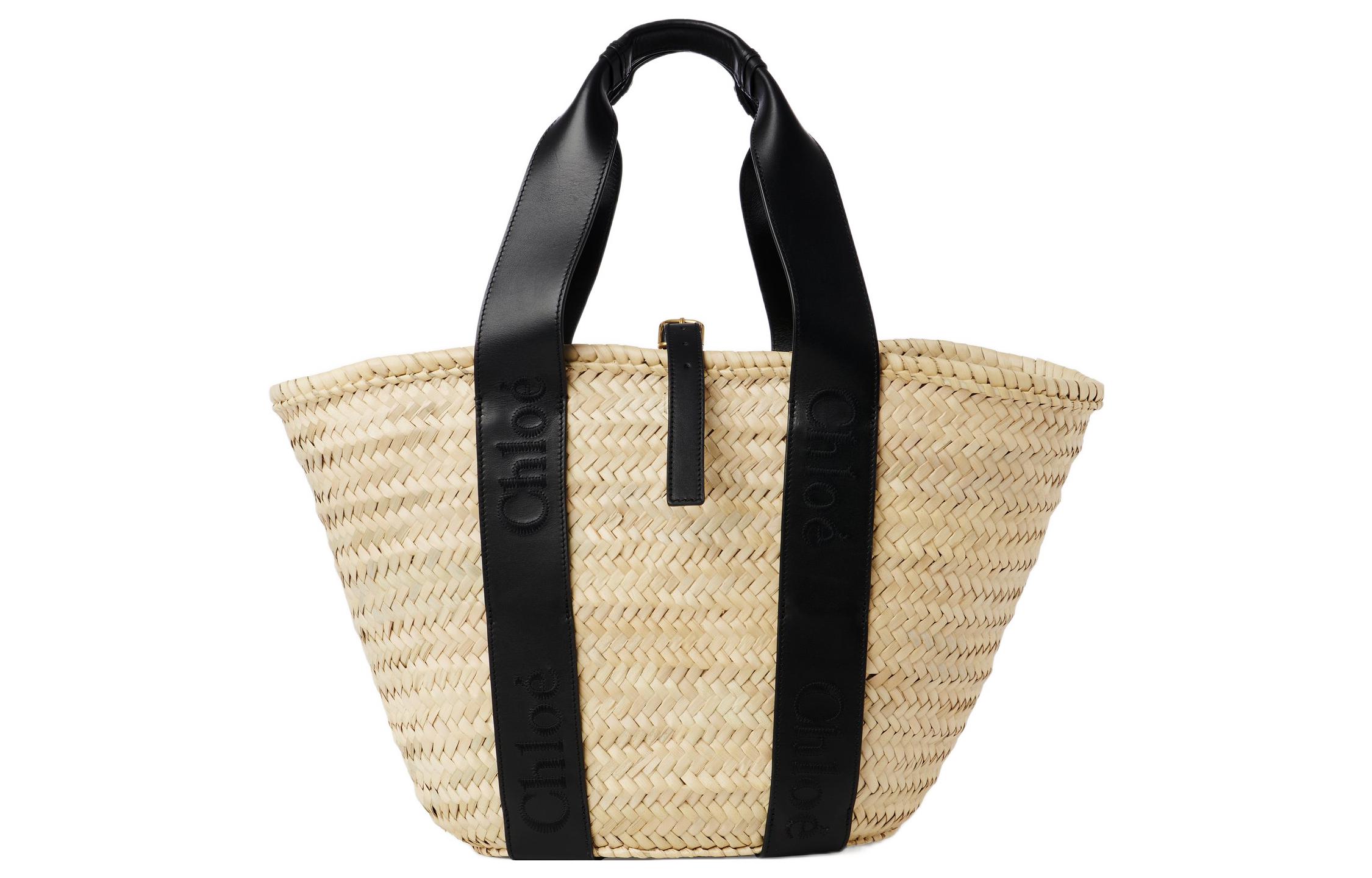 

Chloé Сумка-корзина Chloe из рафии с телячьей кожей, на одно плечо, среднего размера, женская, черного цвета