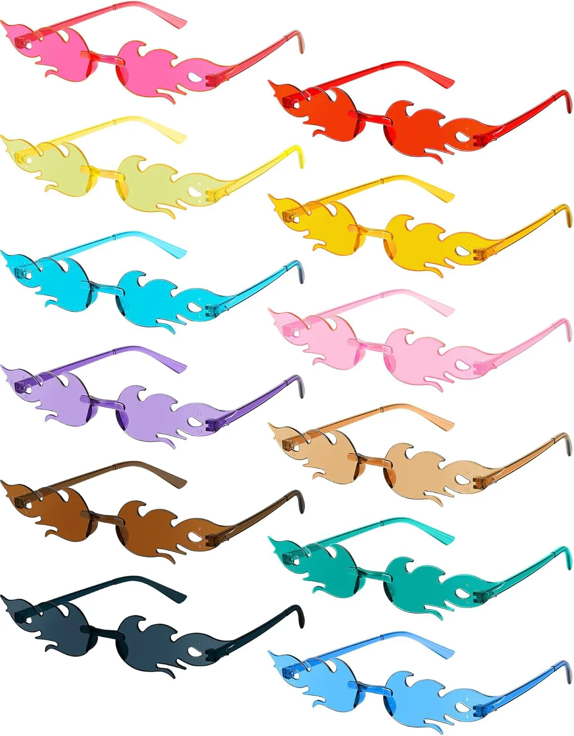 

Dunzy 12 пар солнцезащитных очков в форме огня, без оправы, очки с эффектом пламени, очки Wave Fire Y2K, безрамочные очки (стильные цвета), Stylish Colors