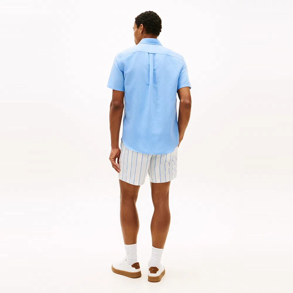 Мужская однотонная рубашка Regular Fit из смесового льна, синяя, от Tommy Hilfiger — фото 3