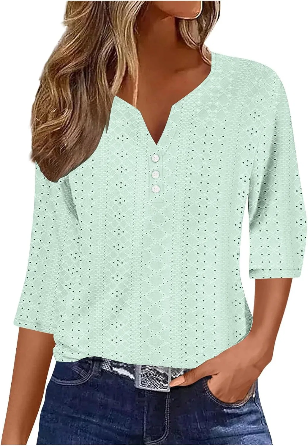 Блуза с V-образным вырезом, 3/4 рукав, ажурная, Generic, 2a-mint Green