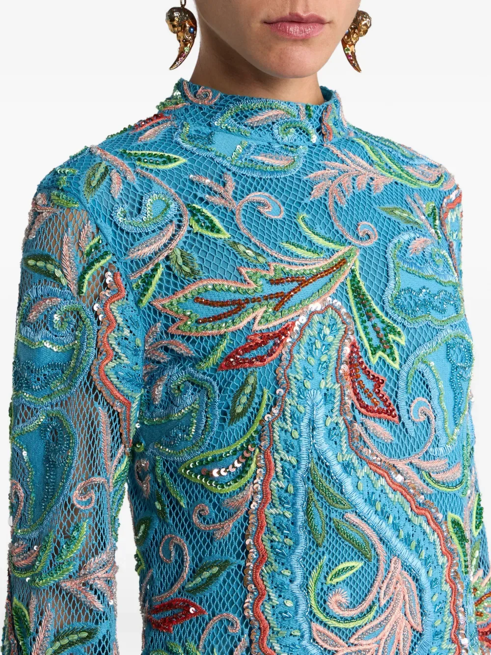 Платье в технике кроше с вышитым узором пейсли ETRO, синий — фото 4