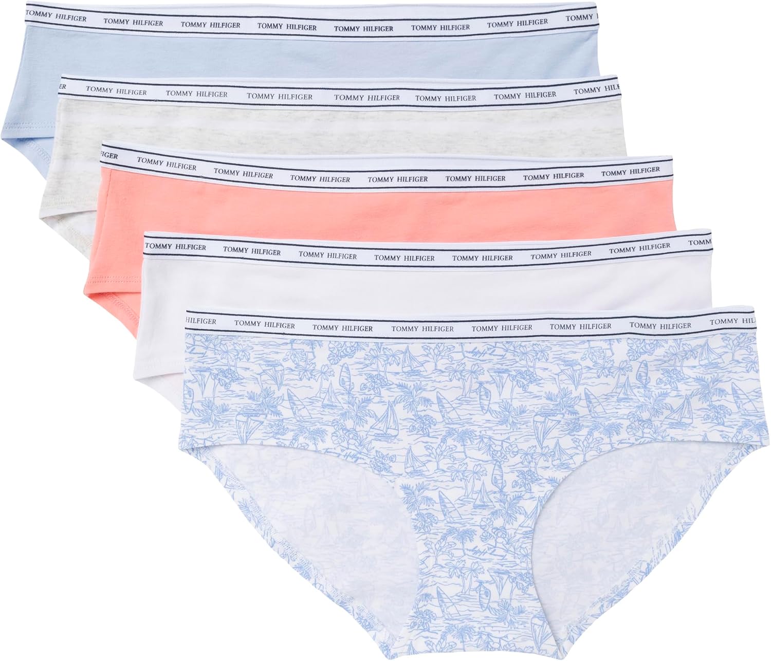 

Женские классические хлопковые шорты Tommy Hilfiger с логотипом, упаковка 5 шт., Harbor/Bright White/Desert Flower/Sweet Blue/Heather Grey Stripe