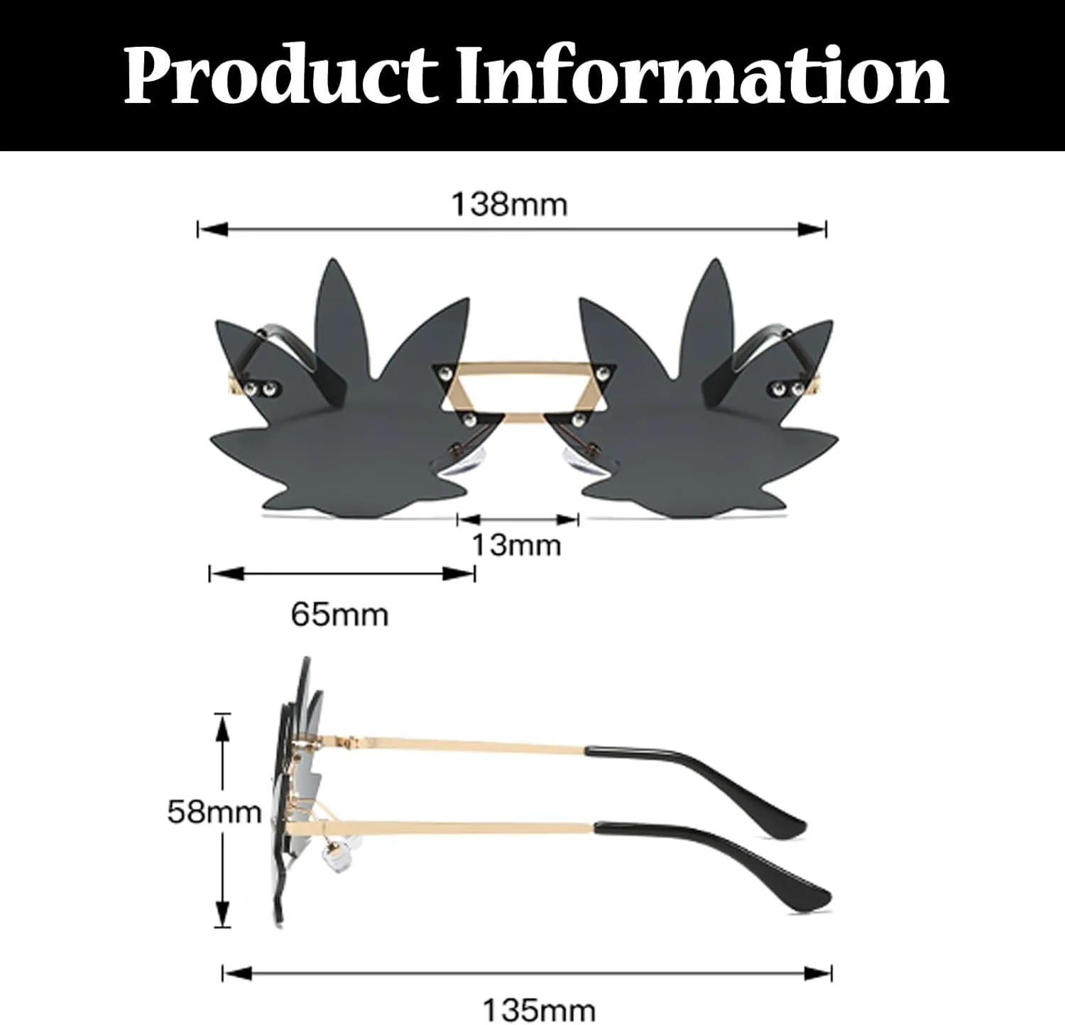 

Солнцезащитные очки LJCZKA в форме кленового листа для женщин и мужчин - без оправы, стильные очки для рейв-вечеринок, фестивалей, Хэллоуина и Рождества, Gold Black