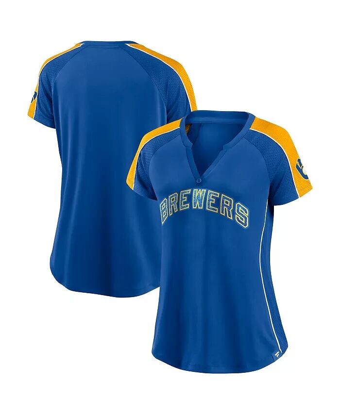 

Женская футболка Royal и Gold Milwaukee Brewers True Classic League Diva в тонкую полоску реглан с v-образным вырезом Fanatics