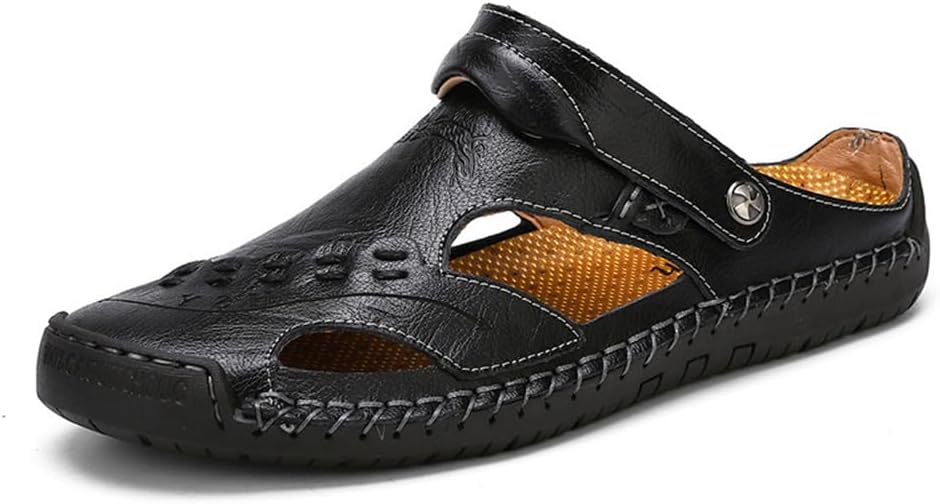 

Мужские повседневные кожаные сандалии QINGCOMFACAI с закрытым носком, на липучке, регулируемые, для пляжа, улицы и походов, черный