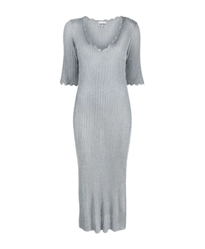 

Серое металлизированное вязаное макси-платье Ganni, серый