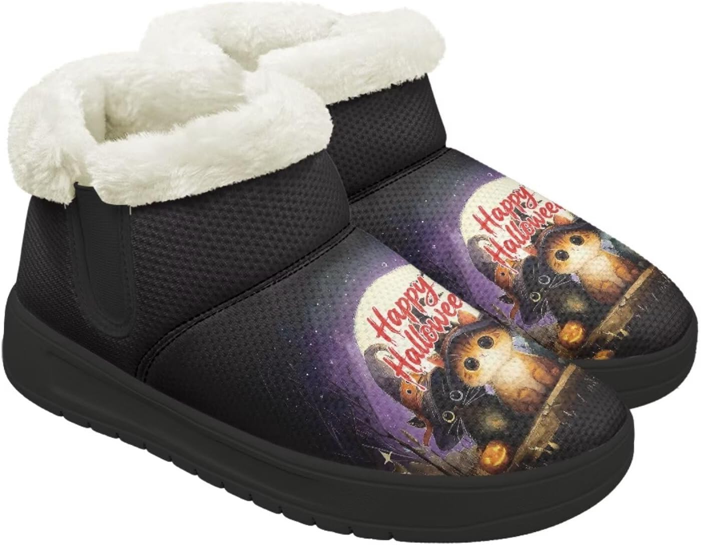 

Женские и мужские зимние ботинки Forchrinse на Хэллоуин с меховой подкладкой, модные теплые ботильоны, Halloween Black Cat Printed