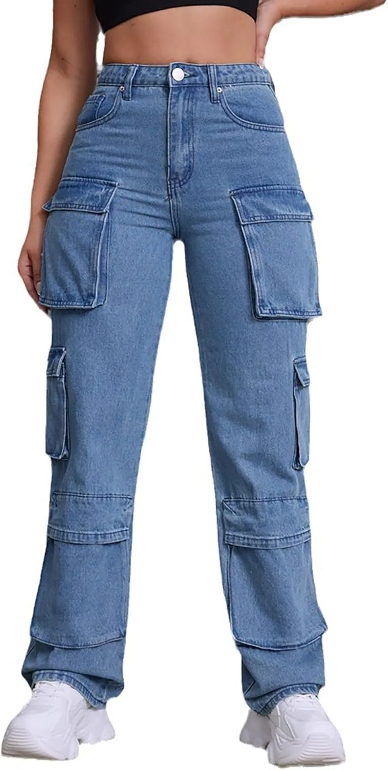 

Женские карго джинсы high waisted с клапанами distressed straight leg TACSTRUN