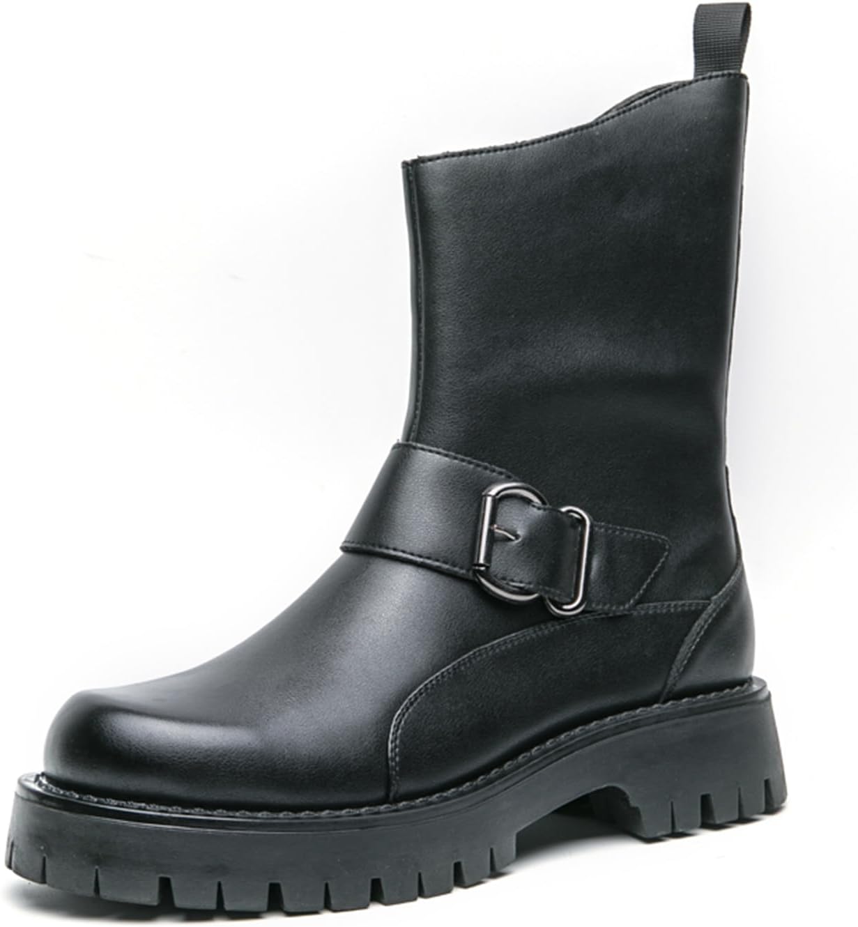 

Мужские ботинки Челси из натуральной кожи средней длины с пряжкой, низкой массивной подошвой, круглым носком, удобные, повседневного стиля для ежедневного наряда, формального офиса и деловой одежды Tengfeifly, черный