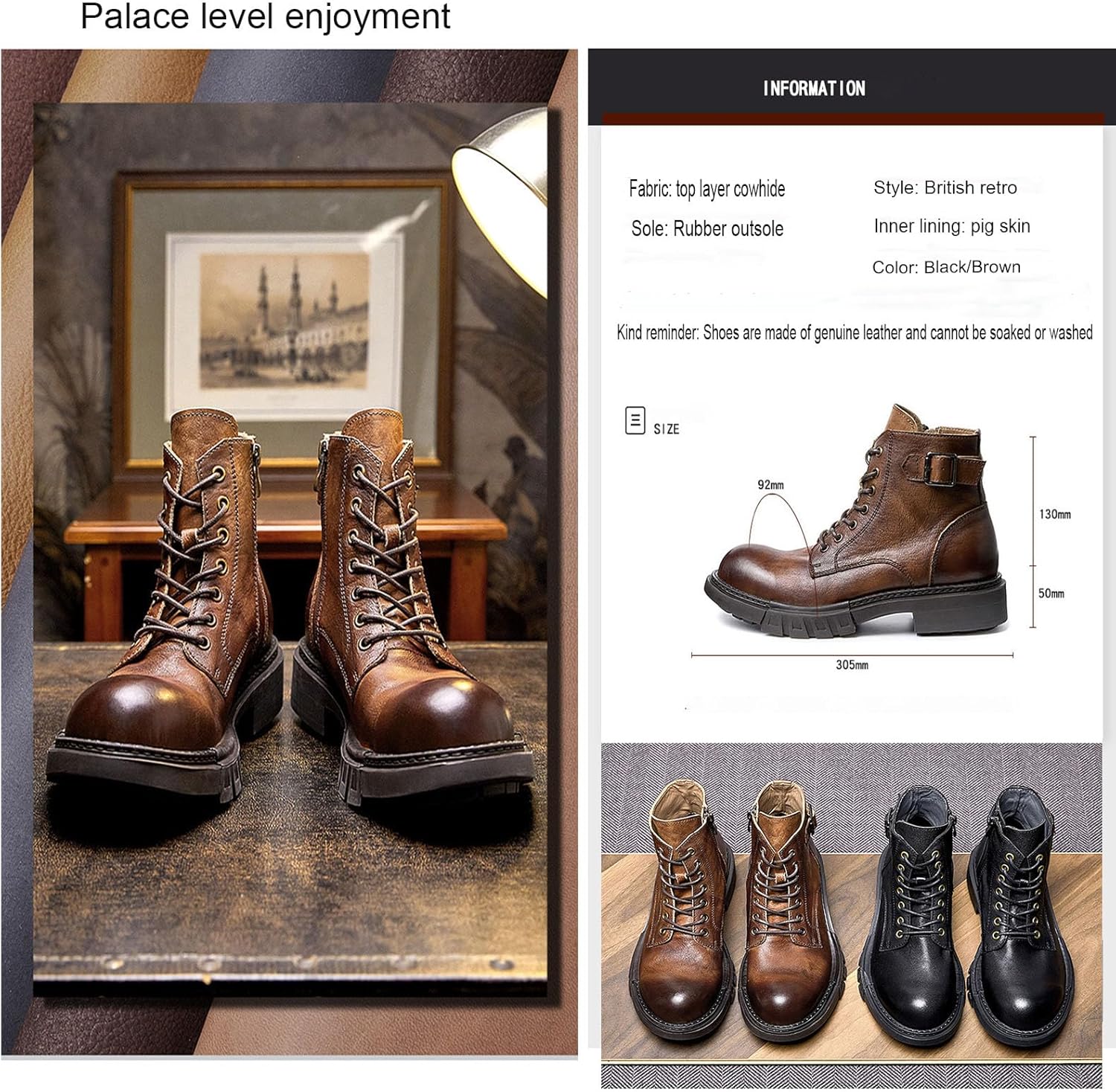 Мужские ретро ботинки Myallfeet с толстой подошвой, высокой голенью и боковой молнией из коровьей кожи для мотоцикла - стильные и удобные кожаные ботинки британского стиля, сшитые вручную, коричневый — фото 2