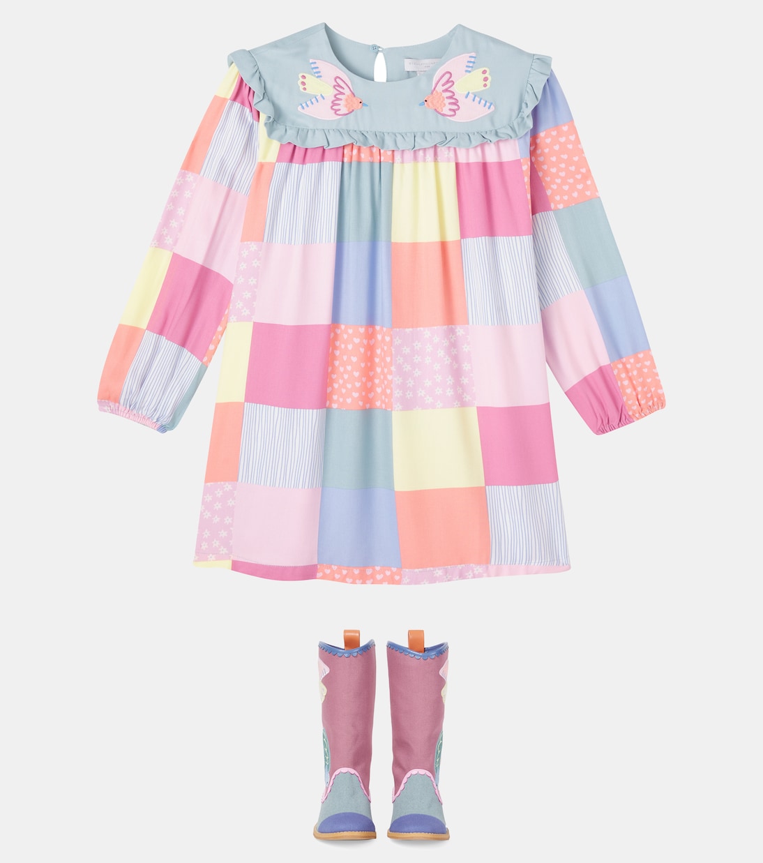 Платье из лоскутного твила Stella McCartney Kids, Multicolor/Multicolor — фото 2