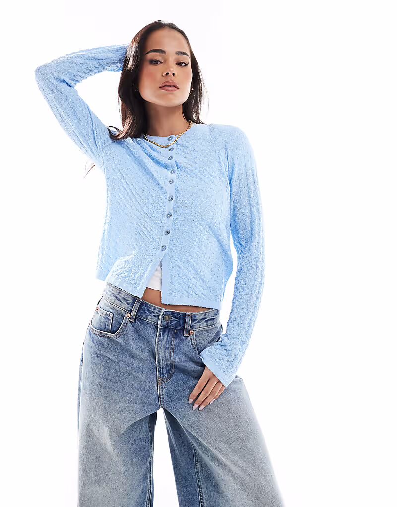 

Кардиган с круглым вырезом и текстурированной вязкой ASOS DESIGN синего цвета