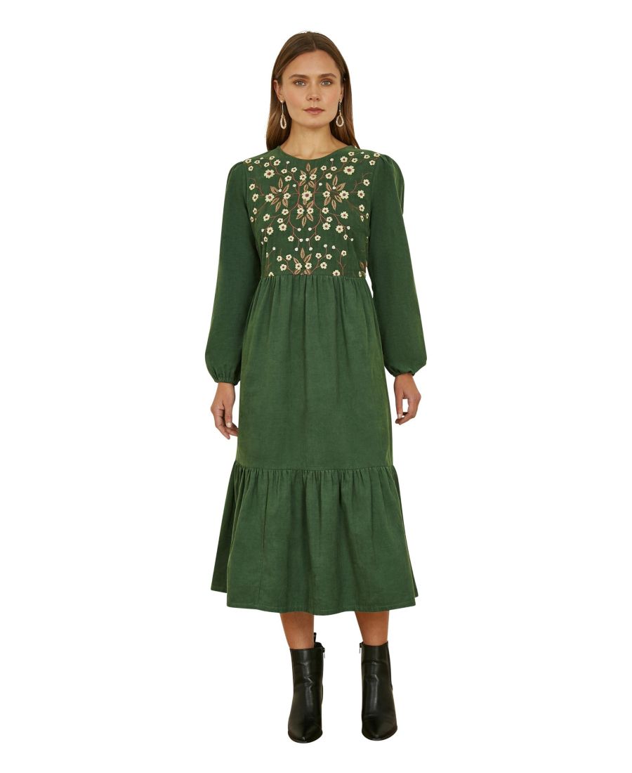

Женское миди-платье с длинными рукавами и вышивкой Yumi, Green