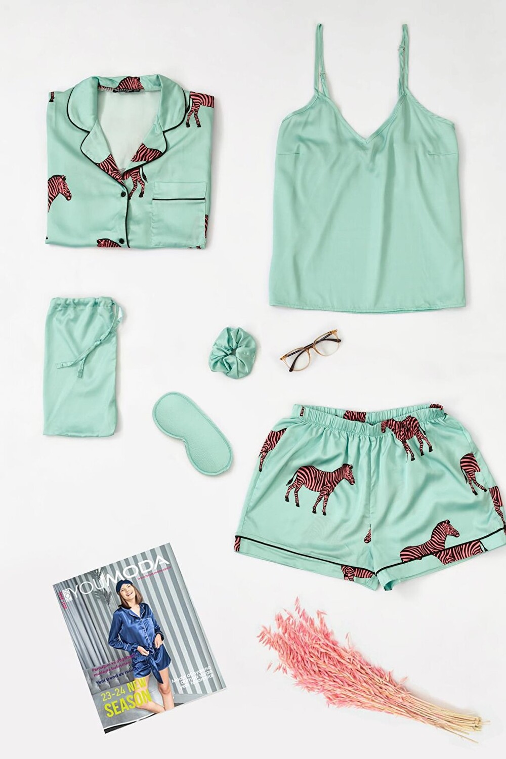 

Комплект из 6 зеленых атласных пижамных шорт с рисунком зебры FOR YOU MODA