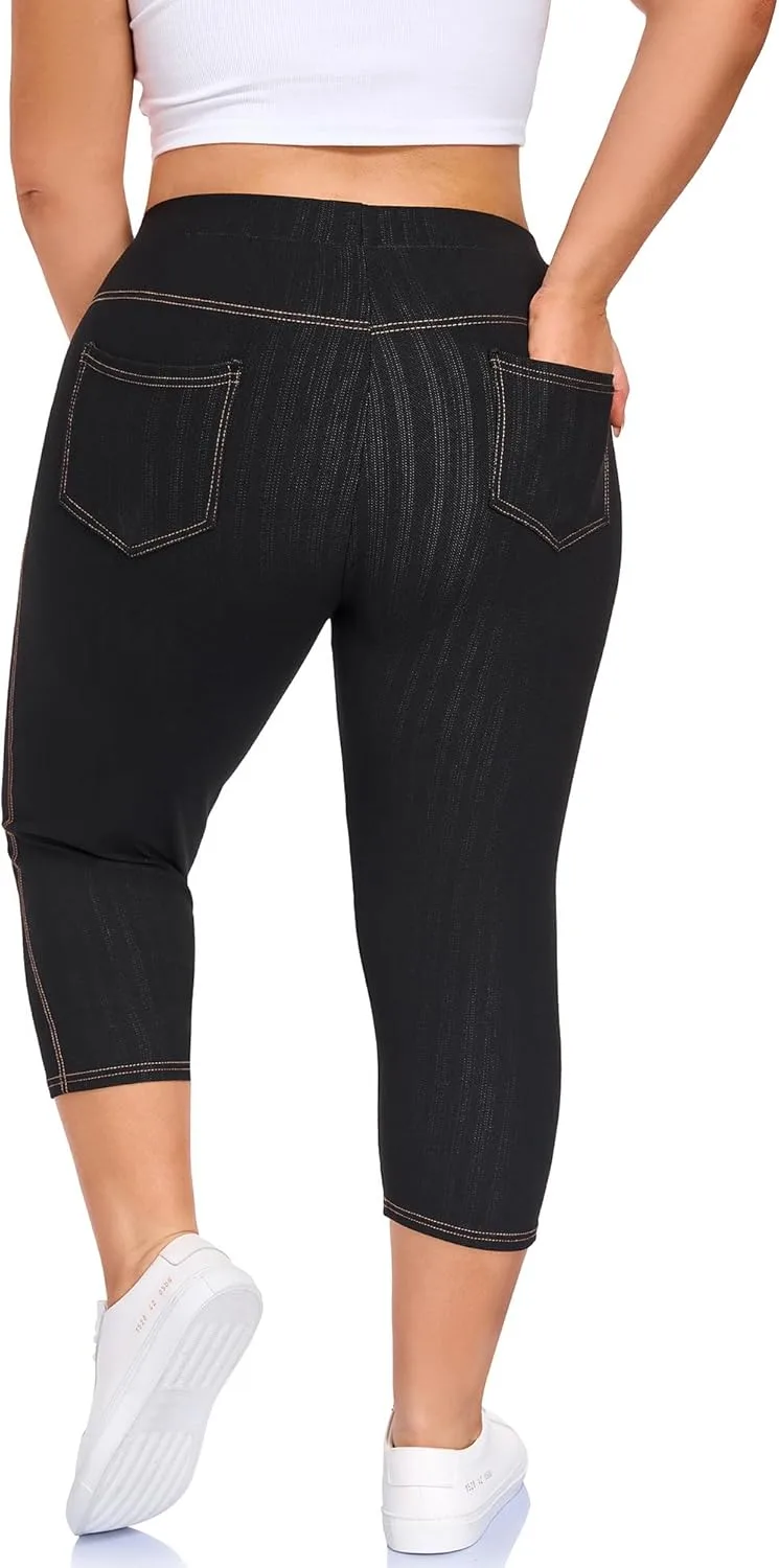 

Джинсы-джеггинсы для женщин Plus Size Capri, высокие на талии, эластичные, с карманами, размеры-4XL UENREE