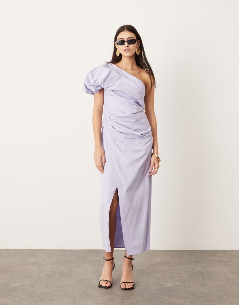 

Сиреневое платье макси на одно плечо со сборками ASOS EDITION