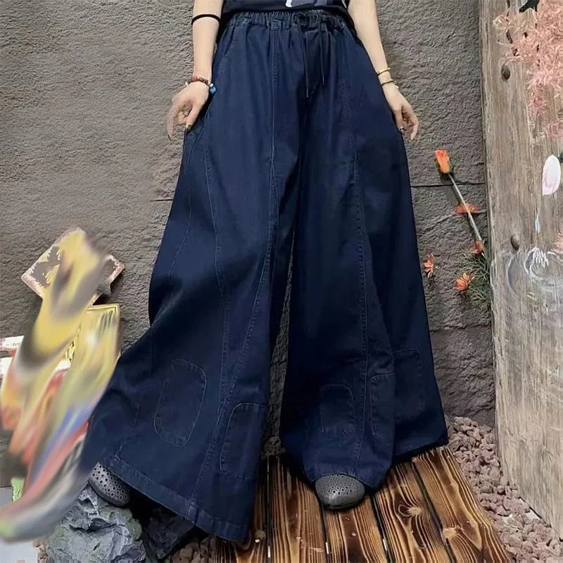 Джинсы свободные джинсовые, Women Spring Loose Denim Wide Leg Pants Casual Vintage Jeans Ladies Patchwork Solid Trousers, 004 — фото 2