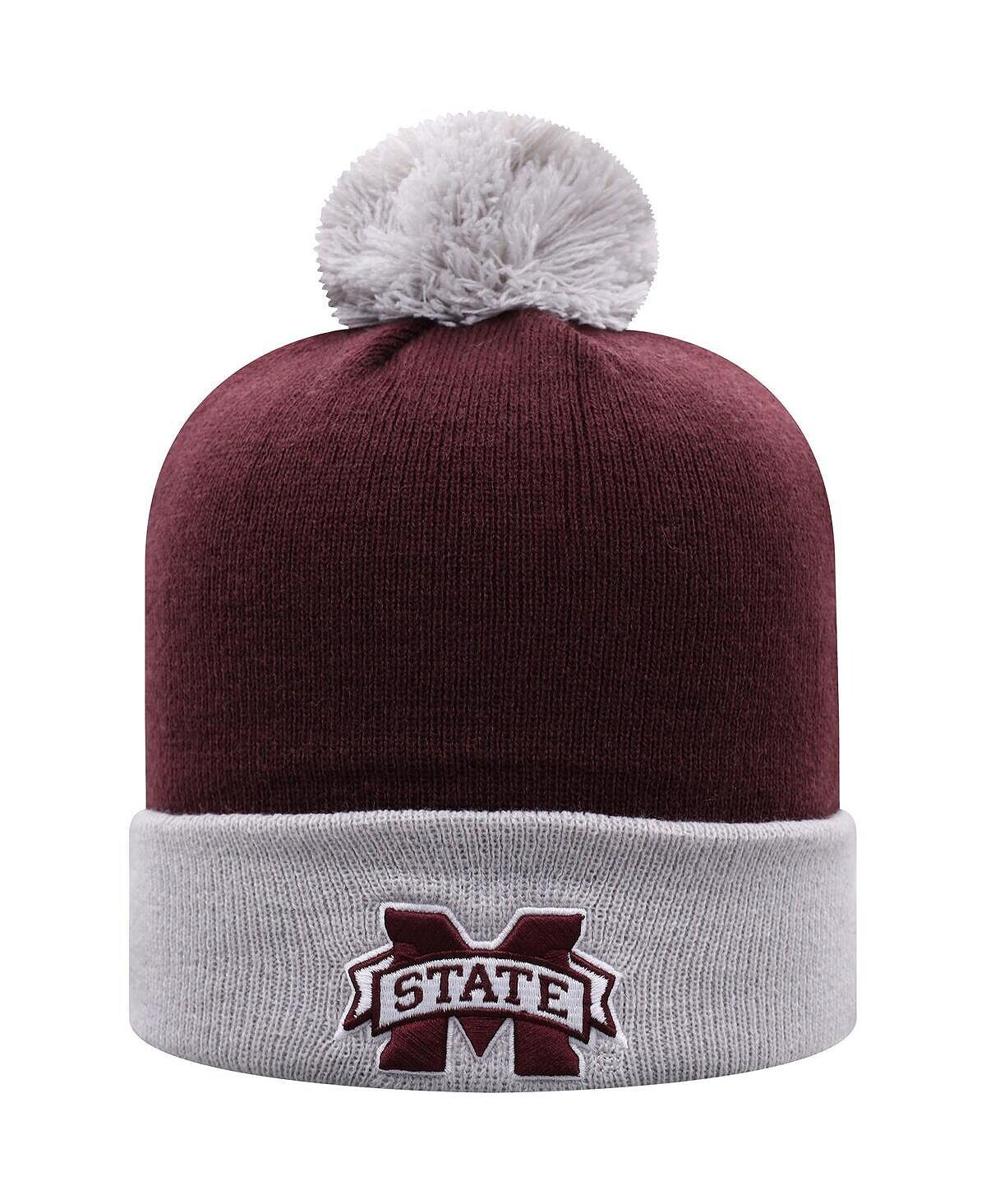 

Мужская темно-бордовая, серая вязаная шапка Mississippi State Bulldogs Core, двухцветная вязаная шапка с манжетами и помпоном Top of the World