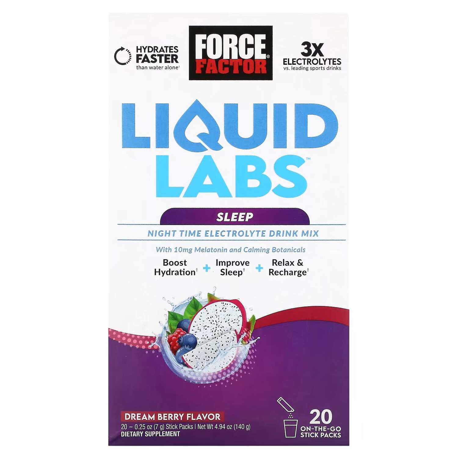 

Liquid Labs Sleep, Смесь для ночного электролитного напитка, Dream Berry, 20 пакетиков-стиков, по 0,25 унции (7 г) каждый Force Factor