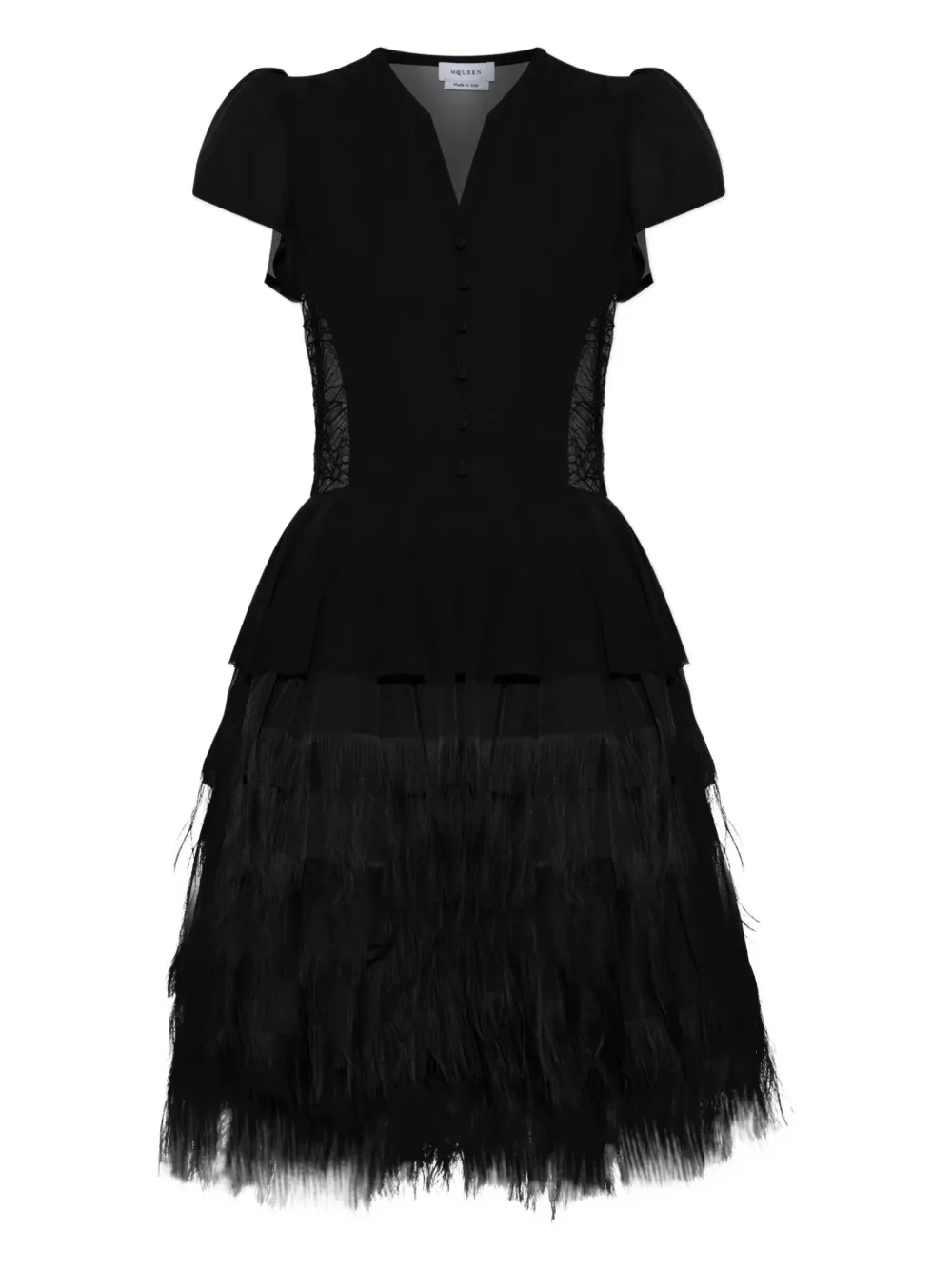 

Мини-платье с рукавами-фонариками и отделкой из перьев Alexander McQueen, черный