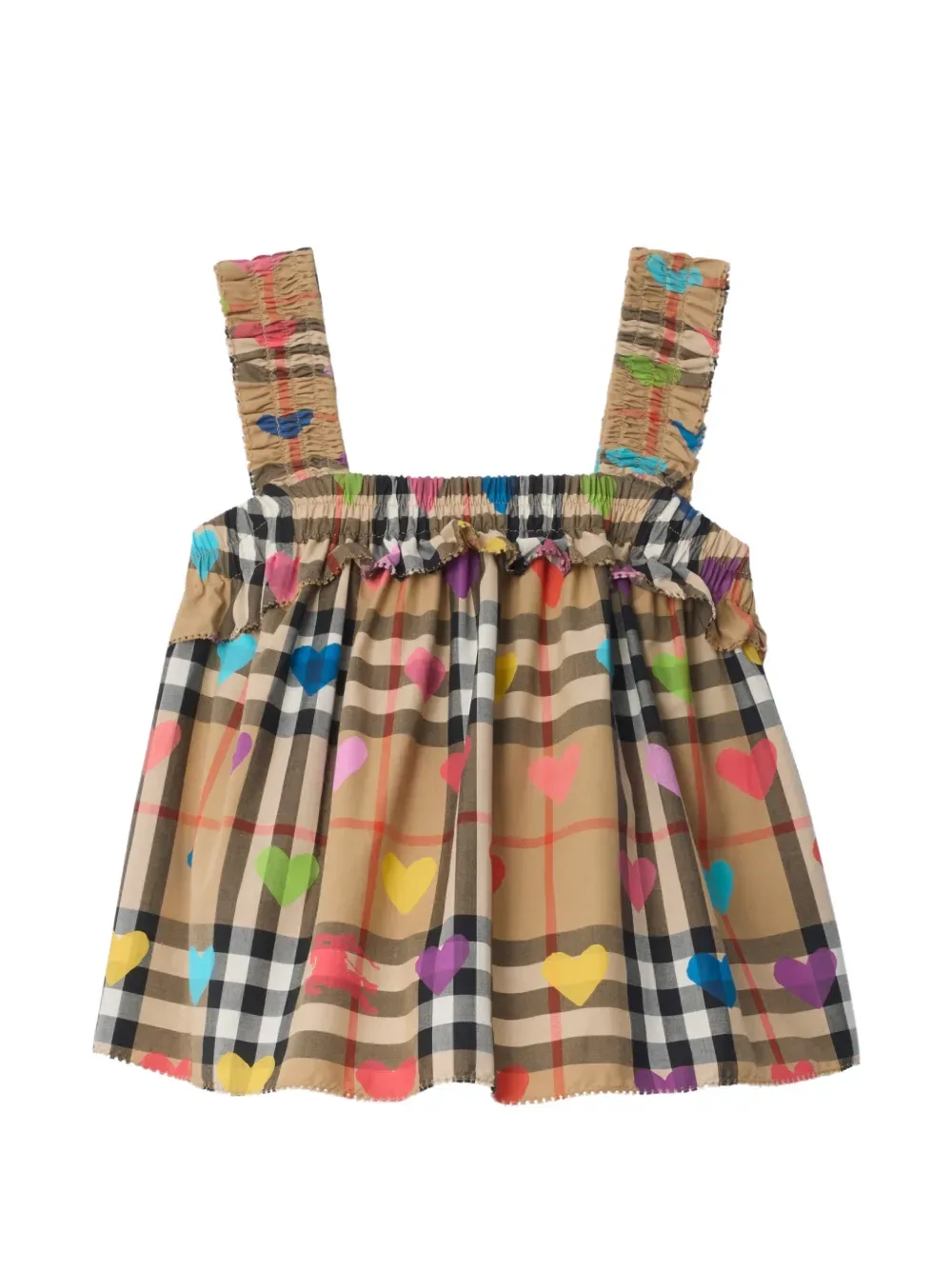 Хлопковый топ с принтом "Сердечки в клетку" BURBERRY KIDS, бежевый — фото 2