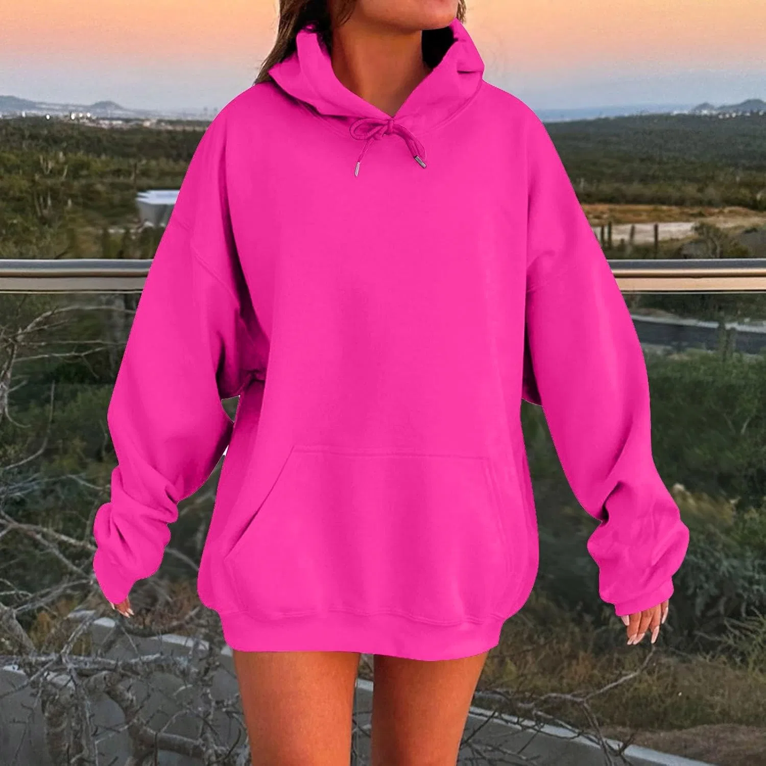 Толстовка женская оверсайз, длинный рукав, свободный крой, Hot Pink — фото 2