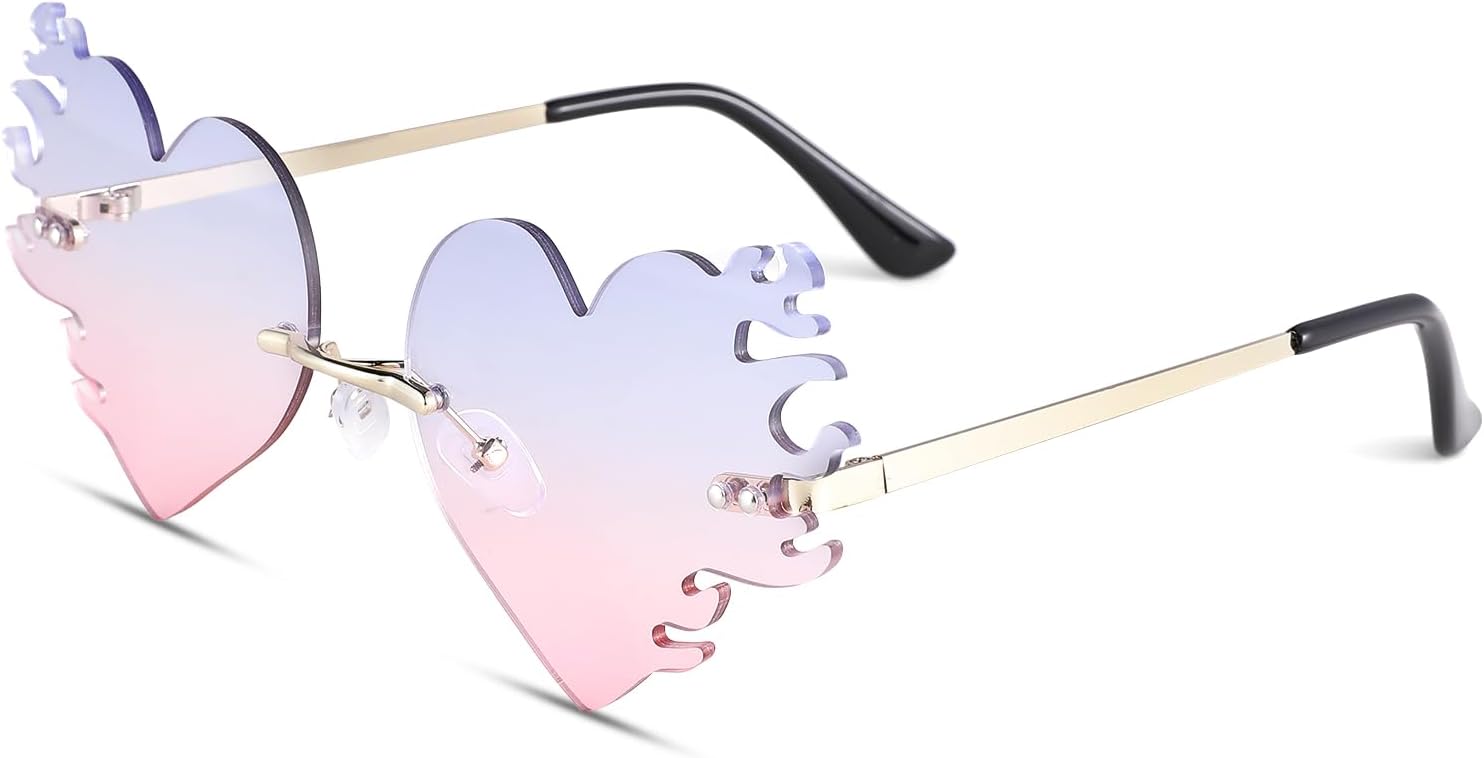 

Солнцезащитные очки LIU·WEN в форме огненного сердца для женщин и мужчин, винтажные, без оправы, с рисунком пламени и любви, идеально подходят для рейв-вечеринок и Хэллоуина (сине-розовый градиент), A11 Blue-pink Gradient