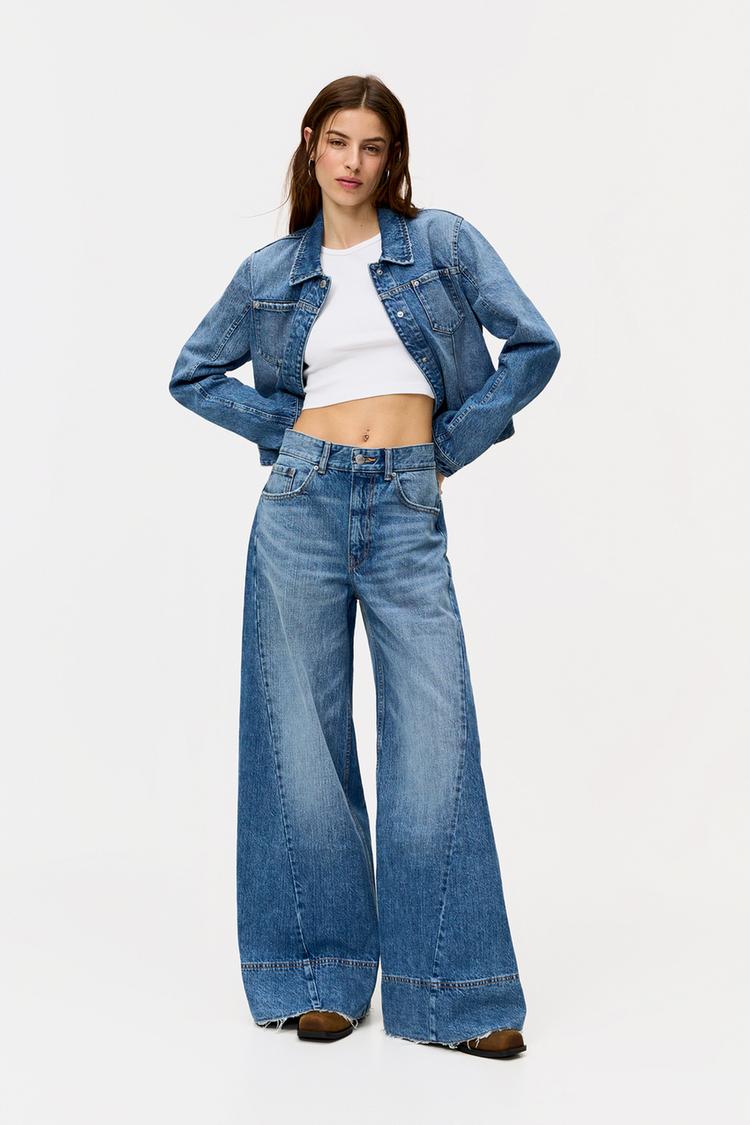 

Джинсы очень широкого кроя с хлястиком сзади Pull And Bear, синий