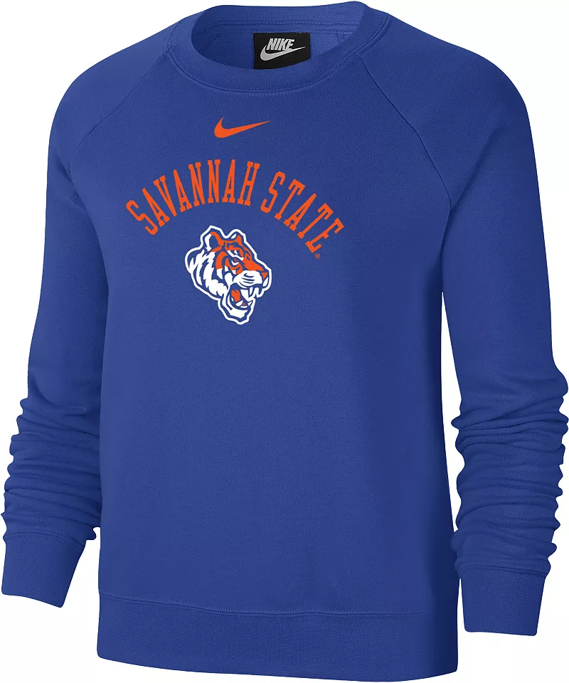 

Женский свитшот с круглым вырезом и логотипом Nike Savannah State Tigers Reflex Blue Varsity Arch Logo