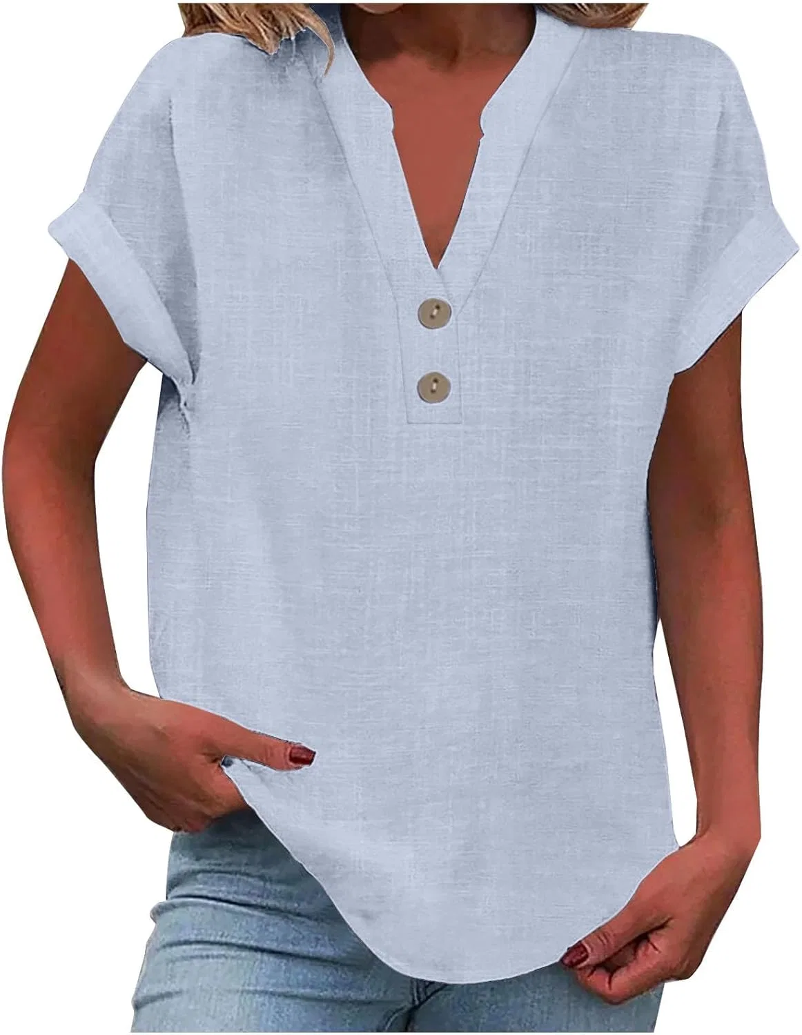 Блуза с коротким рукавом, V-образным вырезом, Cotton Linen, 1 шт, 5#light Blue
