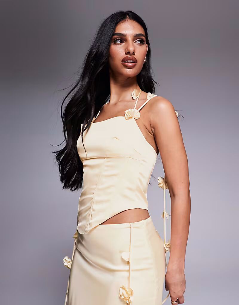 

Корсет-топ Esmerelda из высококачественного атласа с цветочным узором и вырезом халтер, лимонного цвета Wanderdoll